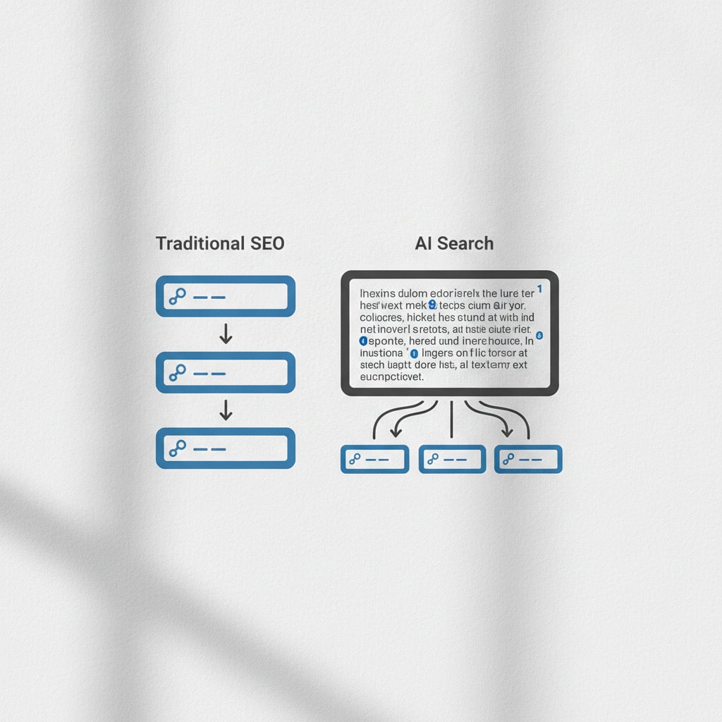 A clean, minimal diagram showing the difference between traditional SEO (a ranked list of blue links) and AI search (a single synthesized paragraph with multipl