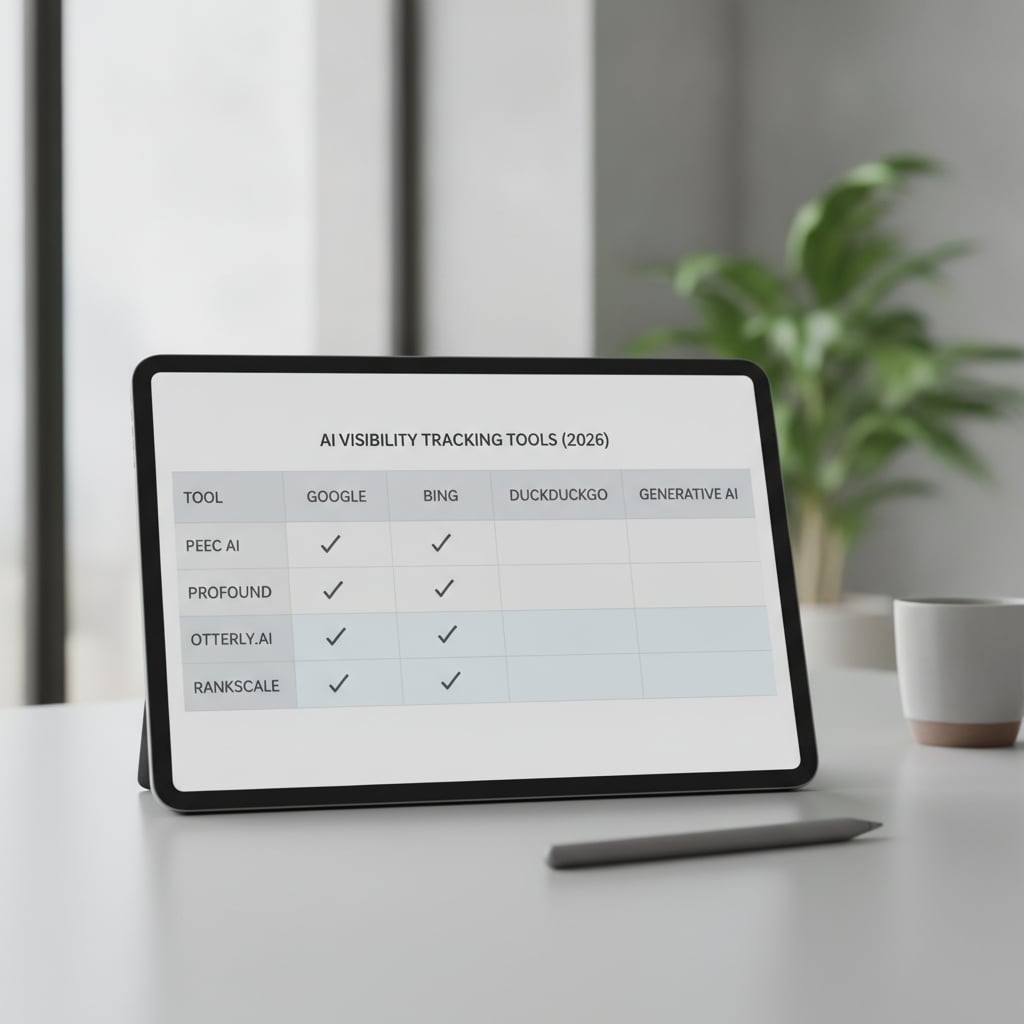 Clean markdown table visualization showing the four tools named (Peec AI, Profound, Otterly.AI, Rankscale) with checkmarks in engine columns and empty cells for