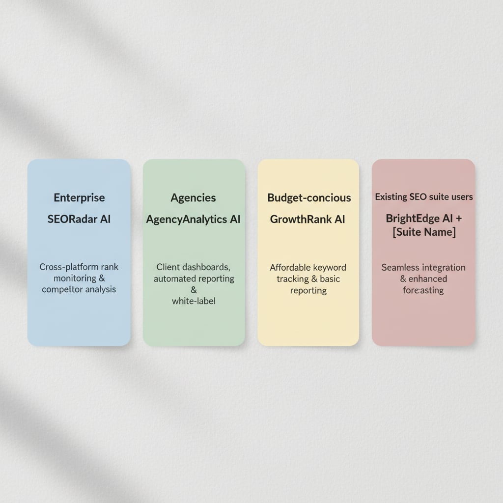 Four vertical segments or cards, each labeled with a buyer segment (Enterprise, Agencies, Budget-conscious, Existing SEO suite users) with the recommended tool 