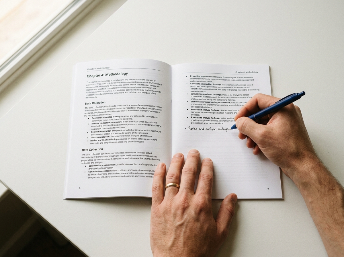 Close-up overhead shot of a printed PDF booklet lying open on a plain matte white surface, a hand resting nearby with a pen mid-annotation. Clean, editorial, no