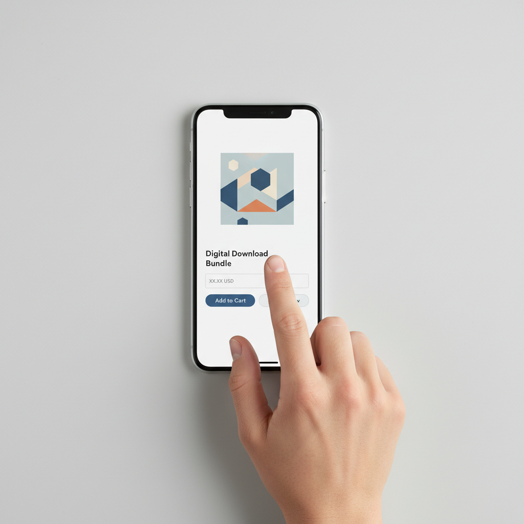 Close-up overhead shot of a smartphone screen showing a digital product listing page, hand hovering just above the screen, plain light grey background, editoria