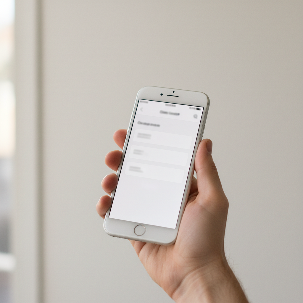 Close-up of a hand holding a smartphone displaying a clean, minimal checkout screen with a single line item. Neutral background, editorial photography style, no