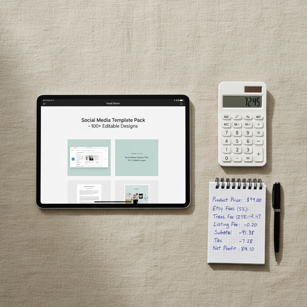 Close-up overhead flat-lay of a tablet displaying a clean digital product listing page (a template pack), with a calculator, a small notepad with handwritten fe