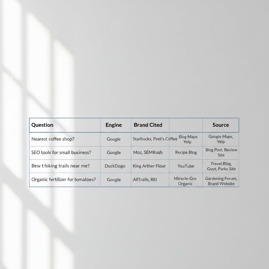 A visual representation of a research dataset: a clean table or structured grid showing sample data points (e.g., 'Question', 'Engine', 'Brand Cited', 'Source')