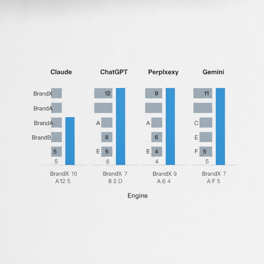 A bar chart or comparison visualization showing brand appearance counts across the four engines (Claude, ChatGPT, Perplexity, Gemini). Each engine as a column, 