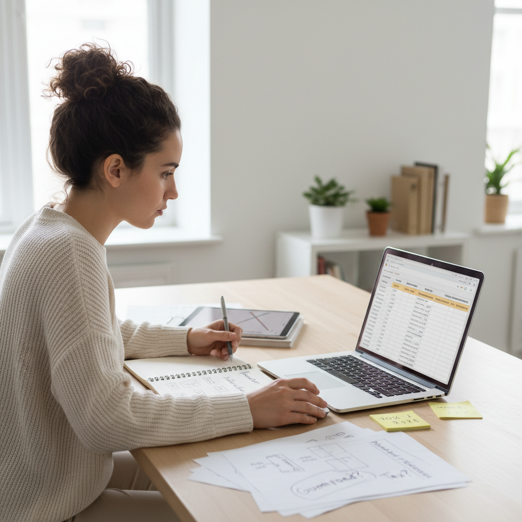 A creator comparing platforms with a laptop and notes