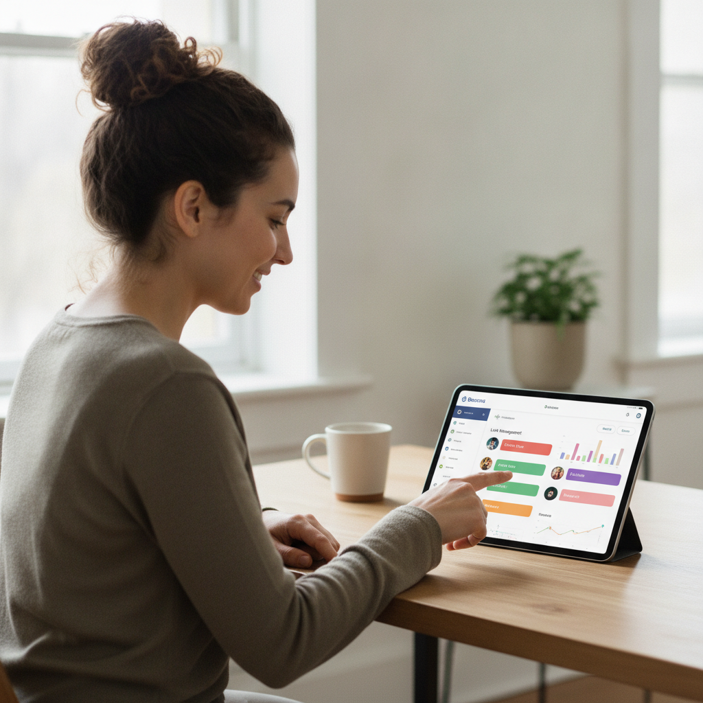 A creator using Beacons on a tablet, showcasing the platform's user-friendly interface and link management features.