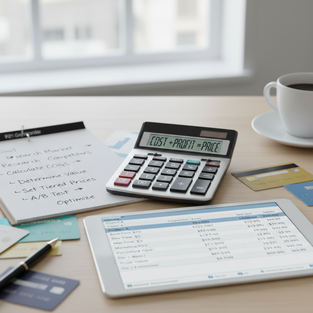 A creator analyzing market data with a laptop and notes, showing an engaging workspace scene
