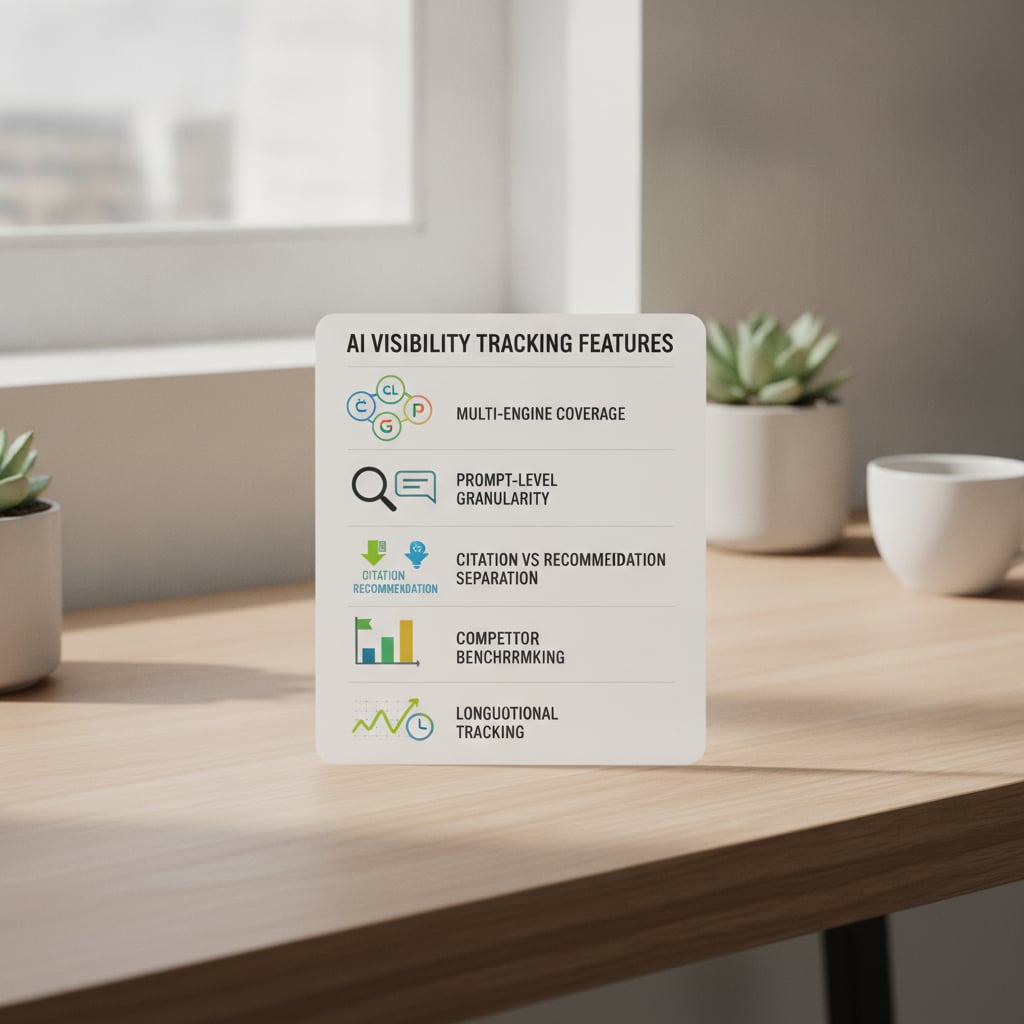 Checklist-style visual showing the five key features of an AI visibility tracking tool: multi-engine coverage (4 logos: ChatGPT, Claude, Gemini, Perplexity), pr