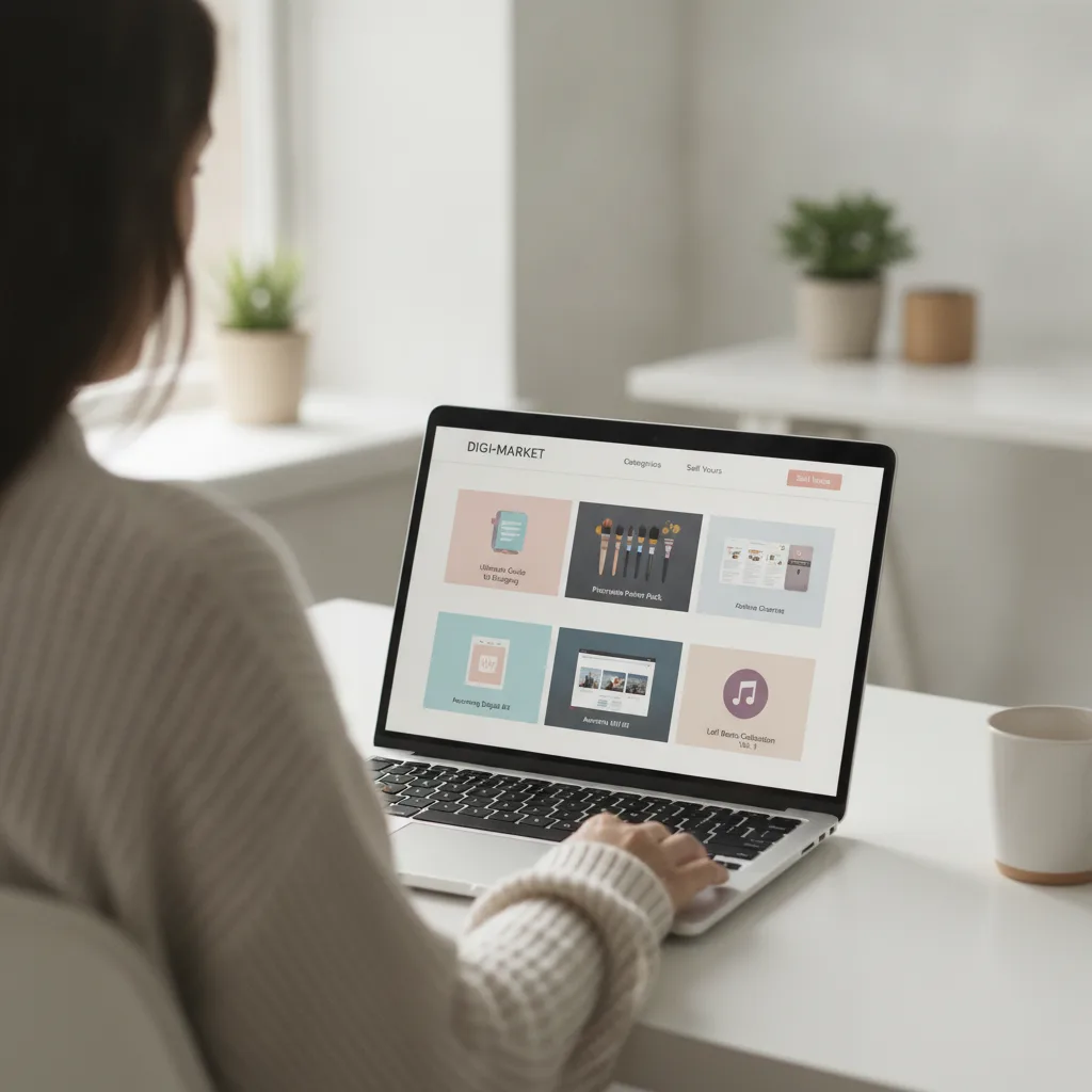 A creator browsing a digital product marketplace on a laptop, with product tiles for guides, presets and music on screen